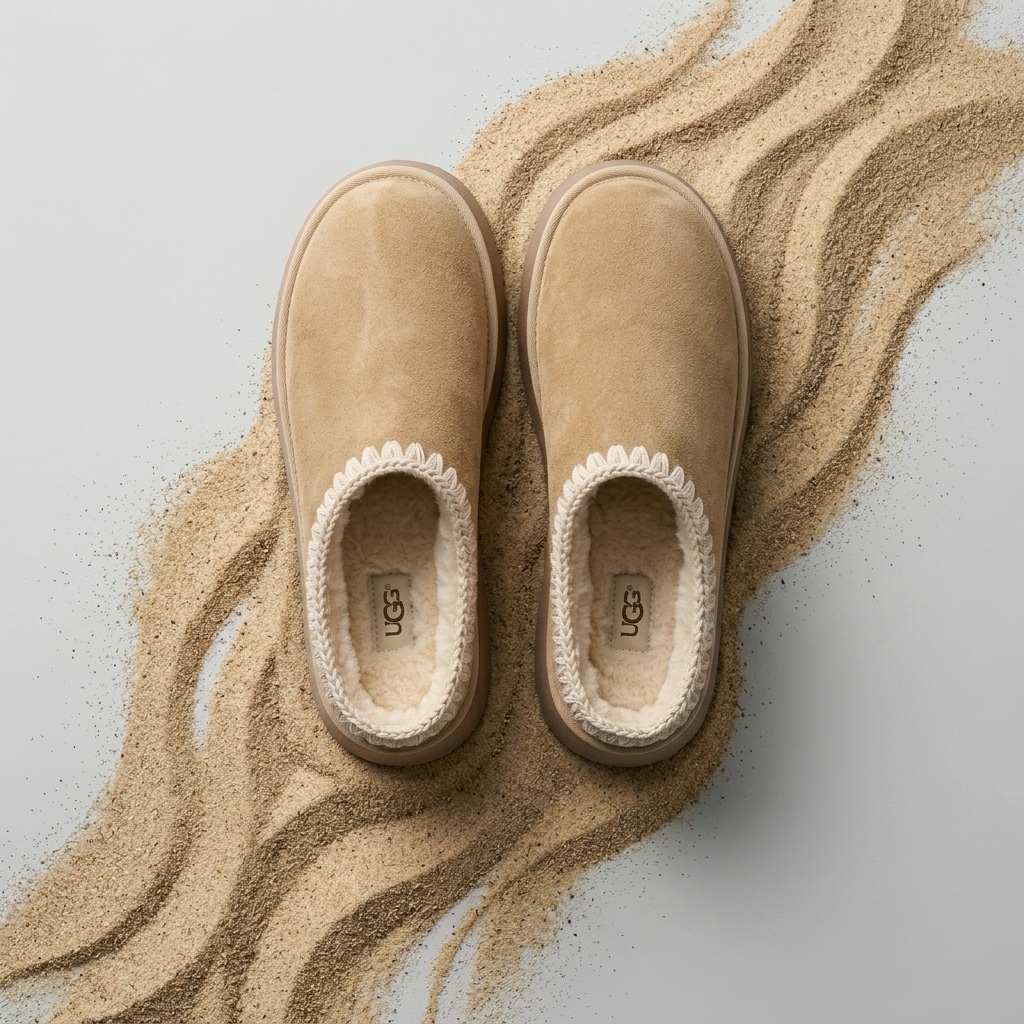 studio product image of a tan suede slipper on a clean studio sweep with drifting sand
