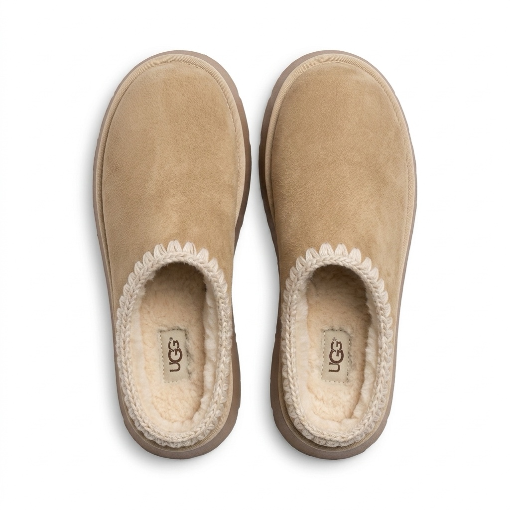 generated product image of a tan suede slipper on a clean white background, every stitch held sharp