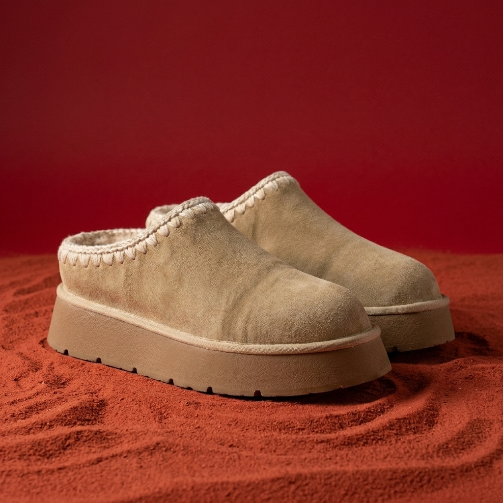 beige suede platform clogs standing on rust-red sand against a deep red backdrop