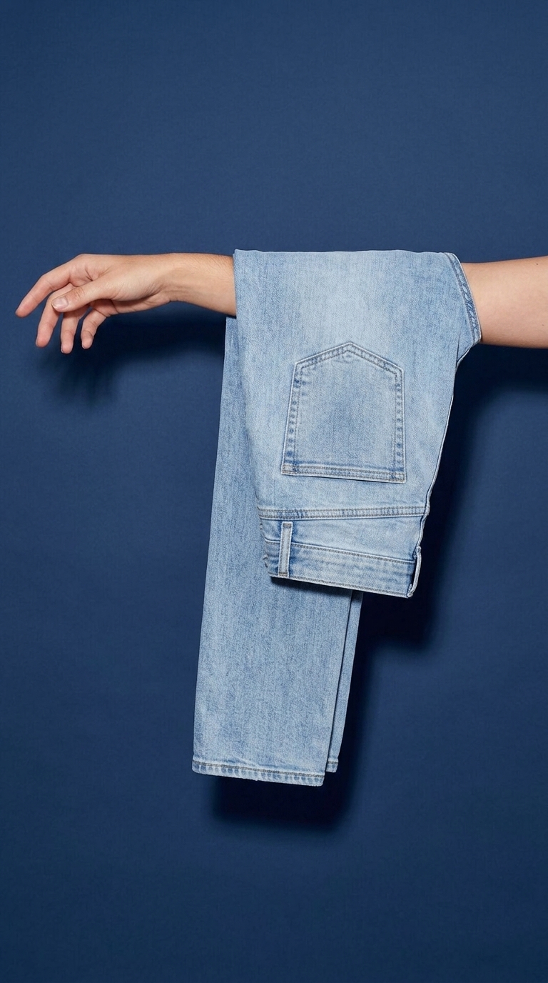 light-wash blue jeans draped over an outstretched arm against a deep navy backdrop
