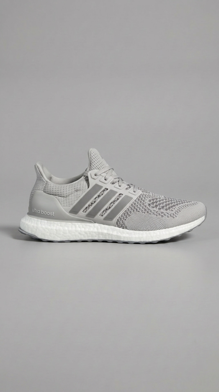 gray performance running shoe photographed side-on in a clean gray studio
