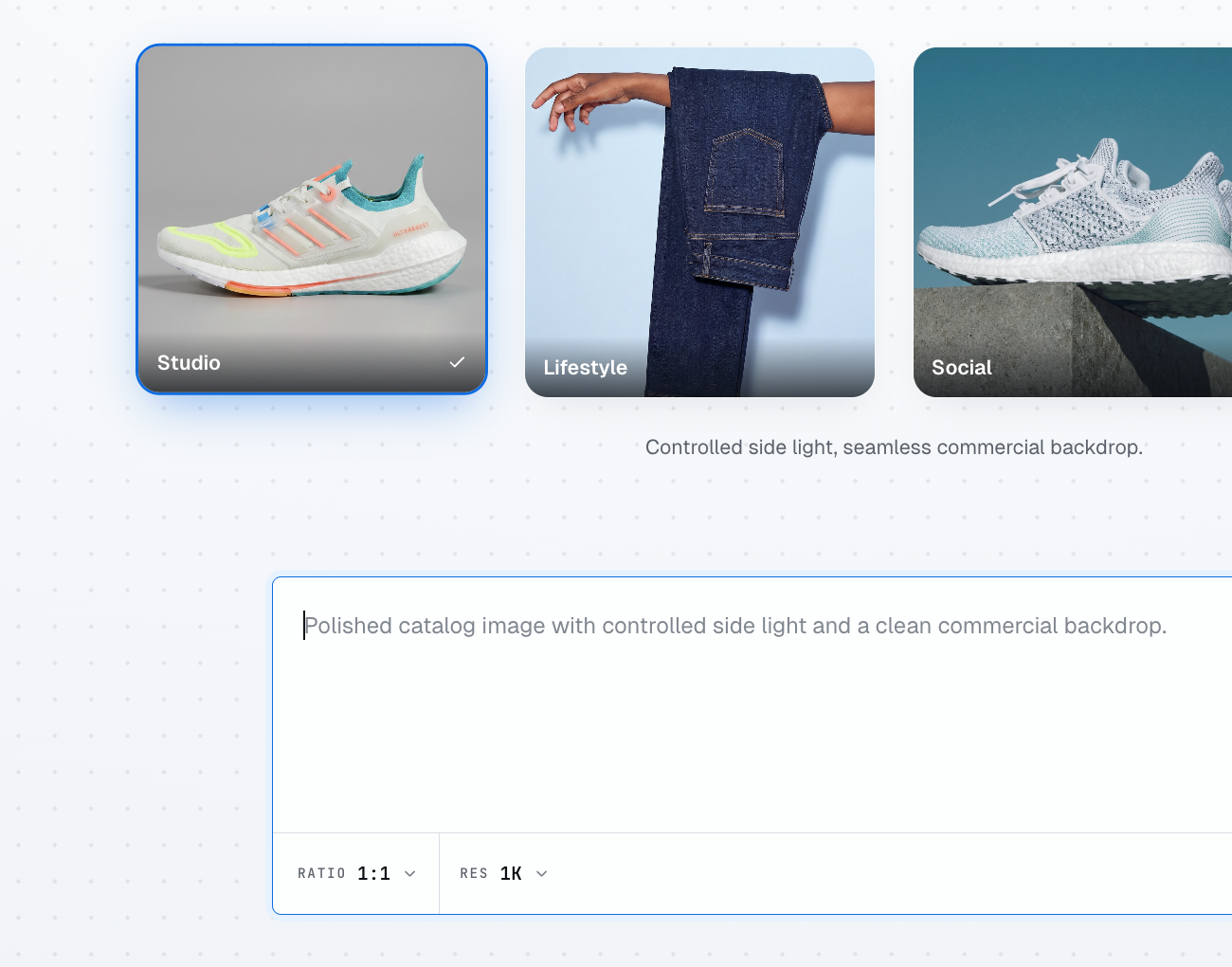 the Shootkit studio composer: a gallery of looks (studio, lifestyle, social) over a description field with aspect-ratio and resolution pickers